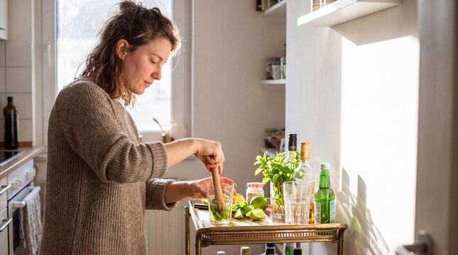 Woman muddling mint and lime for mocktail at home bar cart