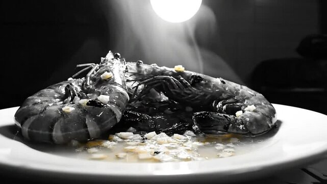 Steaming grilled jumbo shrimp with garlic and sauce on white plate in moody grayscale scene