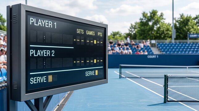 Tennis scoreboard beside a court during a major tournament match  