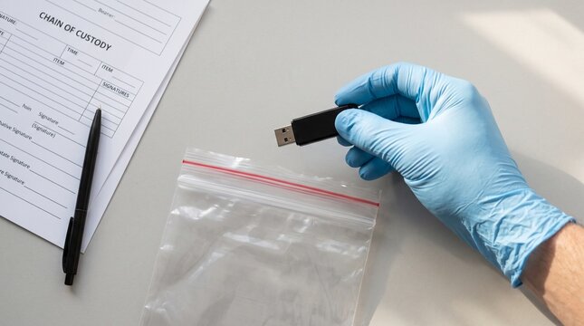 Forensics specialist holding a USB drive above an evidence bag  