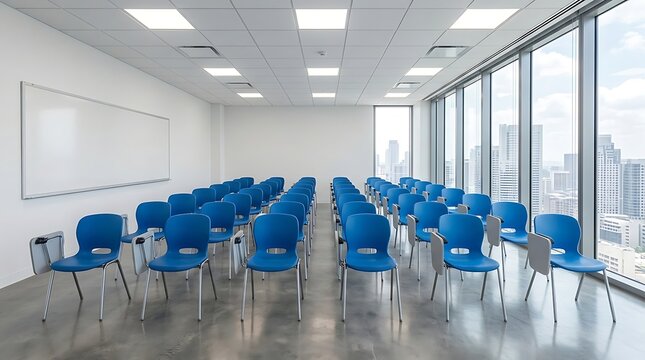 Empty lecture hall with rows of blue chairs and tables, bright natural light illuminating the space for student learning and presentations.