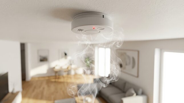 A close-up view of a white smoke detector mounted on a ceiling in a modern living room, with wisps of smoke rising towards it and setting off the red alarm light