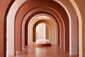 Fototapeta premium A podium stands in a long hallway with arches. The space features soft colors and smooth surfaces. This area is designed for product presentation and
