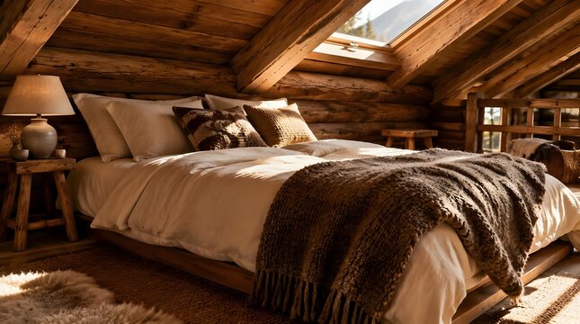 Cozy wooden attic bedroom with a comfortable bed and warm sunlight streaming through a skylight