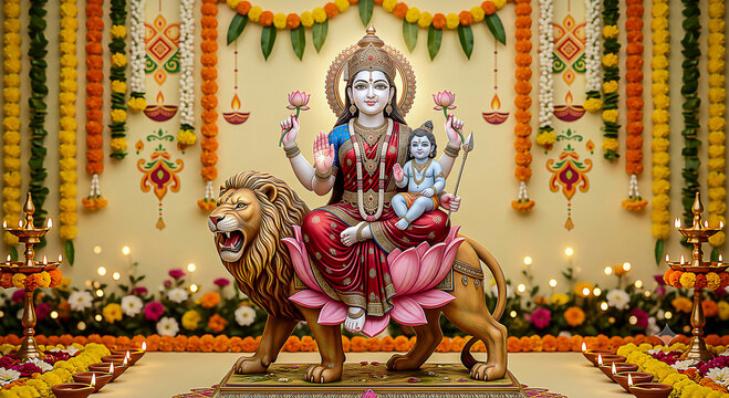 Goddess Skandamata sits gracefully on a pink lotus atop a fierce lion. Holding baby Kartikeya, she radiates divine maternal love. Festive marigold garlands and glowing diyas adorn the background.