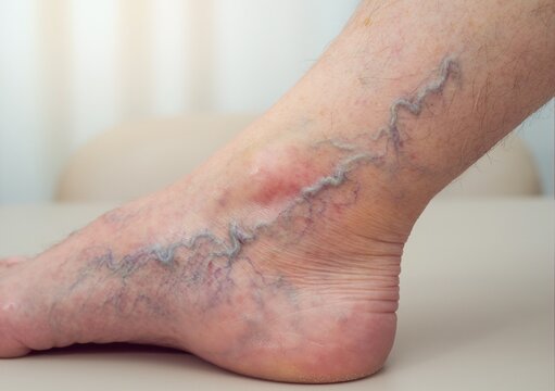 Close up on a human leg suffering from severe varicose veins and vascular disease needing treatment.