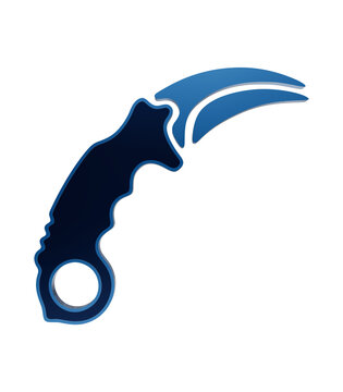 Blue glossy karambit knife icon curved tactical blade gaming knife curved blade tactical knife claw knife isolated on a transparent background