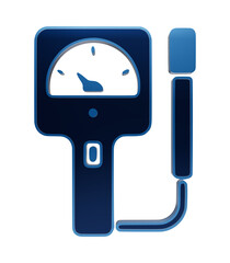 Blue glowing neon icon of a portable handheld gas detector instrument with pressure gauge and probe on dark isolated on a transparent background © Arthur