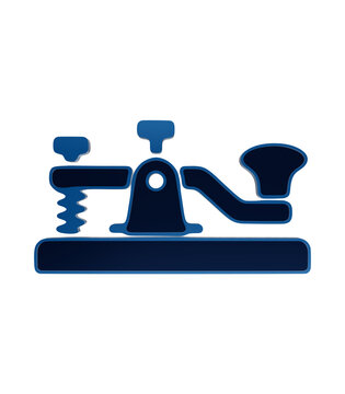 Blue glowing neon icon of a telegraph key or morse code transmitter device mounted on a wooden base radio equipment isolated on a transparent background