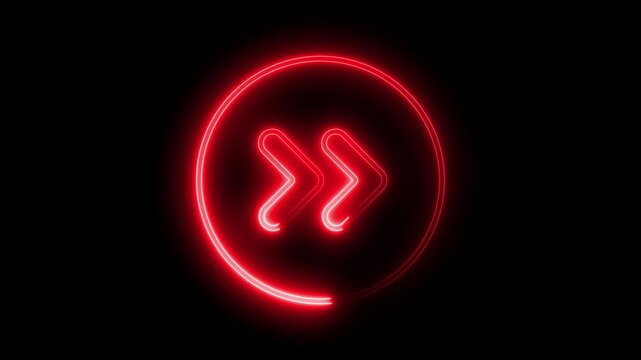 Red neon fast forward icon glowing on black background abstract motion graphic symbol for speed progress advancement media player