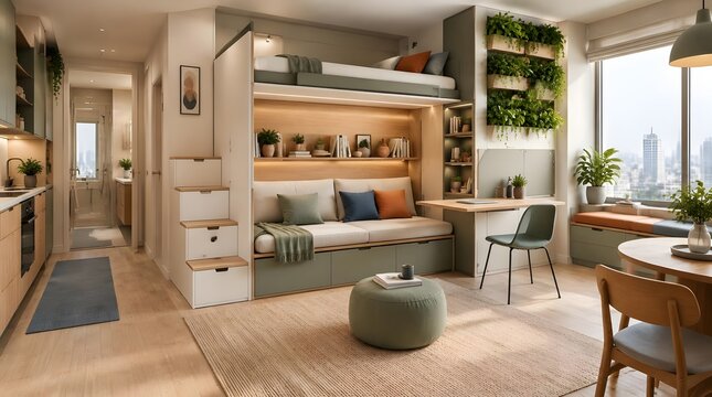 Modern compact studio apartment with loft bed and multifunctional furniture
