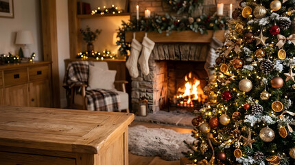 Obraz premium A cozy holiday living room features a crackling stone fireplace, a decorated christmas ornament tree with twinkling lights, and a wooden table in the foreground