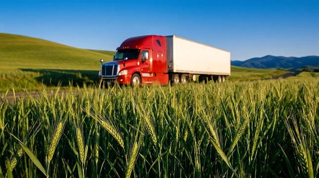 Red semi truck with white cargo trailer parked on country road beside vast green agricultural field under bright blue sky during daytime in summer season.