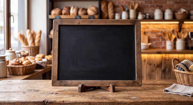 Blank Black Chalkboard Sign on Rustic Wooden Table in Artisan Bakery Interior