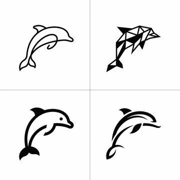Set of dolphin icons and geometric line art designs