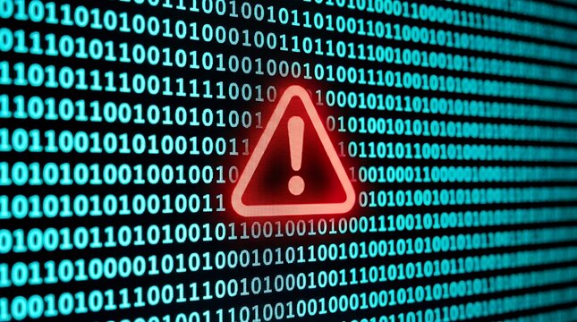 Red warning triangle symbol with exclamation mark displayed on a dark background filled with binary code digits for digital security alert concept.