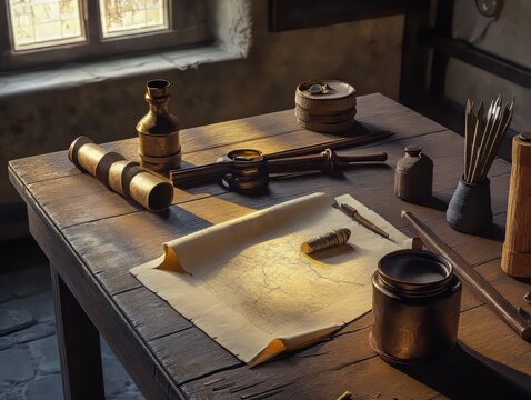 Authentic Medieval Cartography Tools and Parchment in Academic Workshop