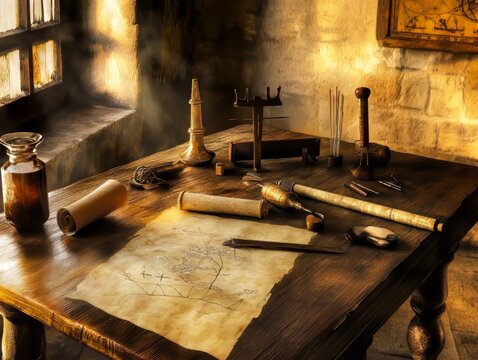 Medieval Astrolabe and Mapmaking Tools on Weathered Oak Workbench