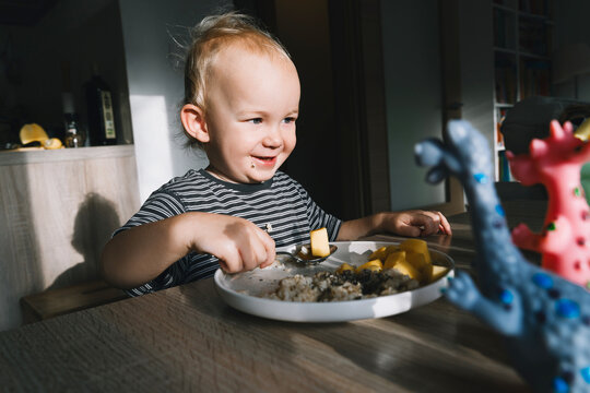 Cute toddler boy eats porridge with mango while playing with colorful toy dinosaurs at a home dining table. Authentic childhood lifestyle concept showing playful everyday mealtime moments.
