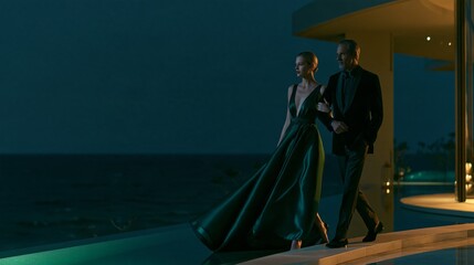 Obraz premium Luxury Tropical Resort Campaign with Elegant Couple in Emerald Silk Gown and Black Velvet Tuxedo Walking Beside Infinity Pool at Night 