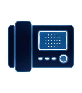 Blue glowing intercom telephone system icon, door phone communication device symbol, speaker unit isolated on a transparent background