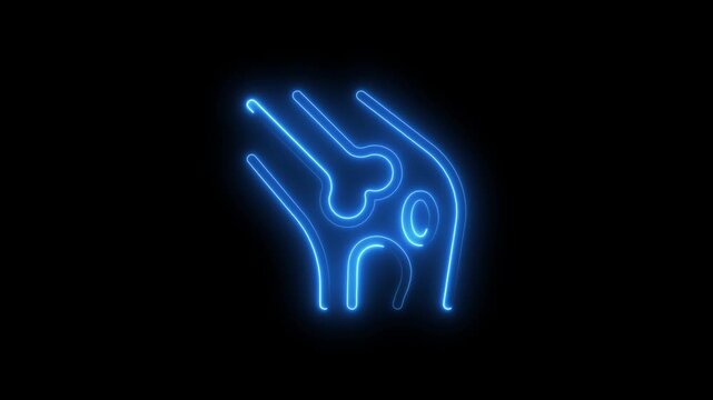 Glowing blue neon outline of human knee joint anatomy bones and cartilage on black background abstract medical science technology