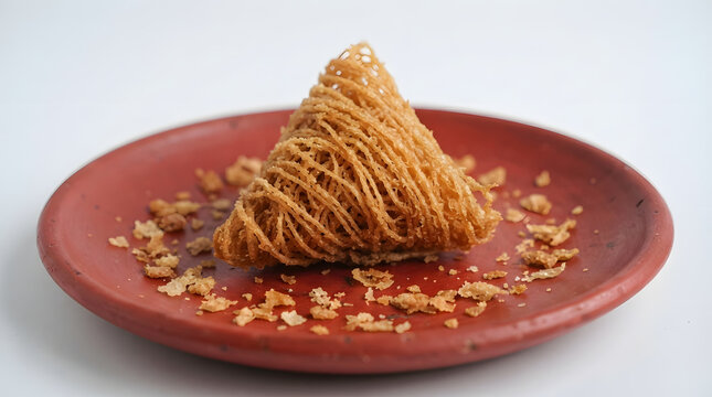 Kue rambut or also as jawada, traditional hair shaped dessert from Eastern Indonesia (Flores, NTT) with crumbs on red plate