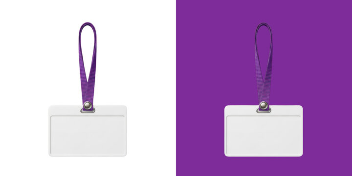 Blank horizontal ID card holder with a purple fabric lanyard for event access