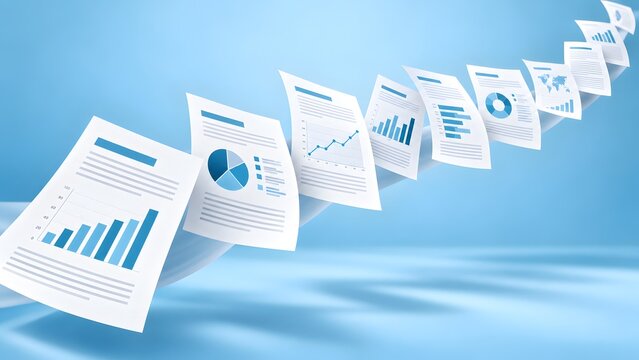 Financial documents flying in the air forming a wave pattern with business charts and graphs on blue background