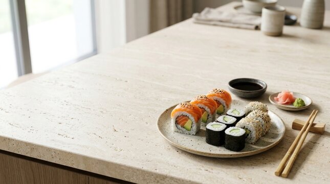 Delicious assorted sushi rolls presented on a rustic plate with ginger and soy sauce