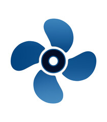 Blue glossy icon depicting a four-bladed marine propeller isolated against a dark background, boat screw isolated on a transparent background © Arthur