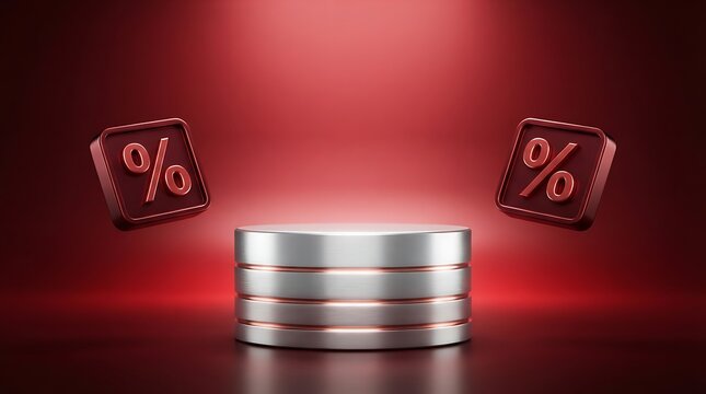 Modern percentage symbol icons with metallic data storage cylinder