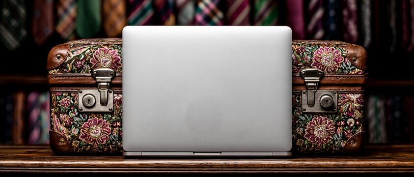 A silver laptop sits centered on a wooden surface flanked by vintage floral suitcases with a background of hanging ties.