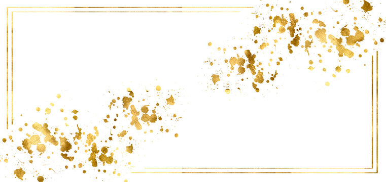 Grunge gold frame. Luxury golden watercolor line art background.  Abstract festive background for holiday corporate greeting card, party invite or winter sale promotions. Golden snow frame. PNG