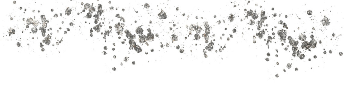 Silver sparkling dust particles overlay on transparent background. Glowing foil glitter trail and stardust effect grunge ink splat.  Frame Silver snow Falling Foil Confetti with Glitter Dust. PNG 
