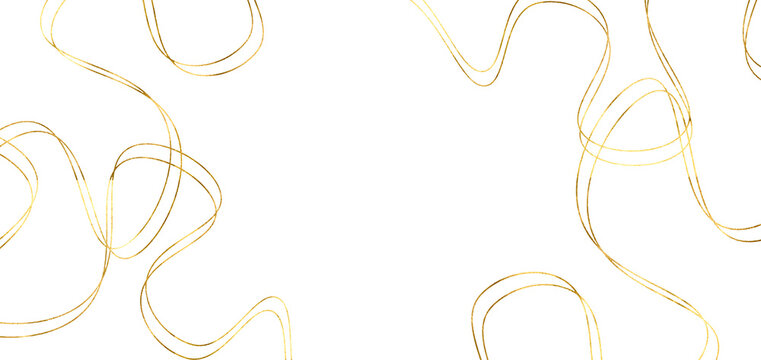 Golden watercolor lines. Gold leaf foil. Ribbons, lines, waves. Elegant gold sparkle gold wave background with soft festive light particles. Premium Golden line abstract shiny color gold wave design.