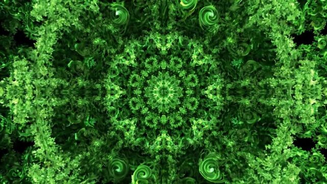 Abstract Green Foliage Star Mandala Isolated on Black Background