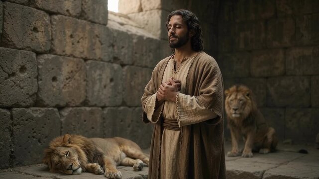 Daniel Standing Calmly Among Lions Inside the Lions' Den, Dramatic Biblical Scene of Faith, Courage, Divine Protection, Prayer, Trust in God, Persecution, Deliverance and Miraculous Survival