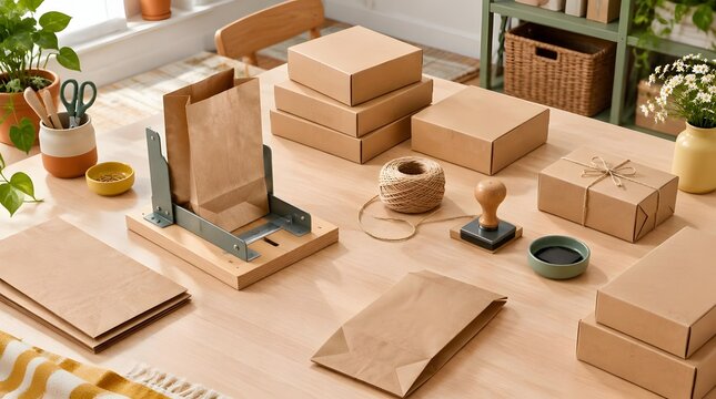 Wooden packaging station with cardboard boxes and paper bags on table