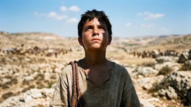 Young David Standing Courageously Before Facing Goliath in a Dramatic Biblical Old Testament Scene of Faith Courage Calling Trust in God and Victory Over Giants