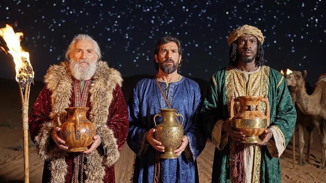 Three Wise Men Standing Together With Precious Gifts Beneath a Starry Night Sky, Biblical Christmas Nativity Scene of the Magi Journeying to Bethlehem to Worship the Newborn Jesus Christ