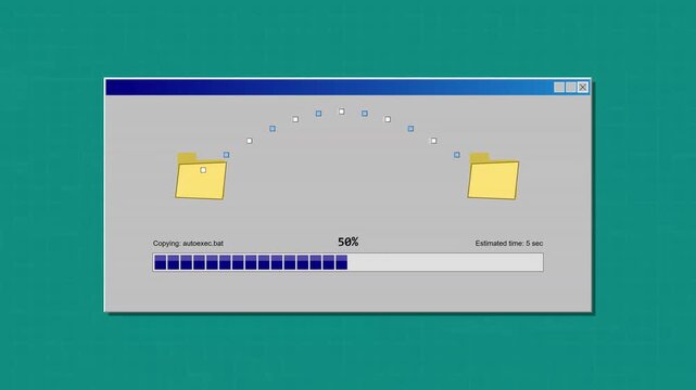 Retro operating system file transfer windows on teal background
