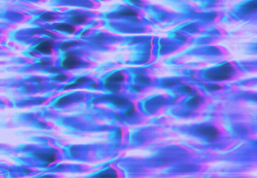 Blue and pink caustic glitch with horizontal scanline distortion and chromatic aberration on an abstract water texture. Suits a surreal EDM campaign and music video poster background.