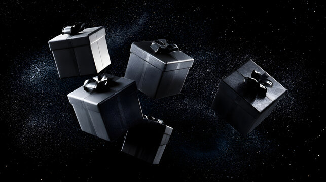 Creative product mockup of four sleek holiday present boxes floating gracefully amidst ethereal cosmic dust, clean geometric wrapping design, set of four isolated on a transparent background with cli