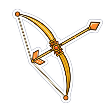 Fantasy Apollo golden bow and arrow weapon with sun medallion, flat vector illustration, die-cut sticker design on transparent background