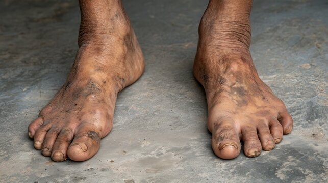 Close up view of feet showing severe diabetes related foot complications and signs of neglect