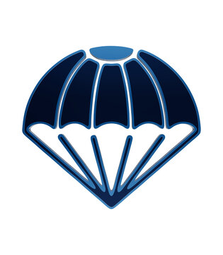 Stylized blue parachute canopy icon for skydiving and airborne operations on dark background, parachute icon isolated on a transparent background