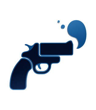 Glossy blue revolver handgun icon firing a shot with smoke or steam emerging from the barrel tip pistol isolated on a transparent background