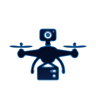 Glossy blue drone quadcopter icon carrying a delivery package and equipped with an aerial camera system isolated on a transparent background