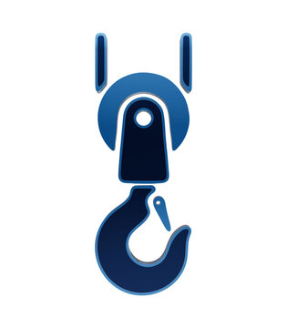 Glossy blue crane hook icon with safety latch for heavy lifting and construction rigging hoist isolated on a transparent background